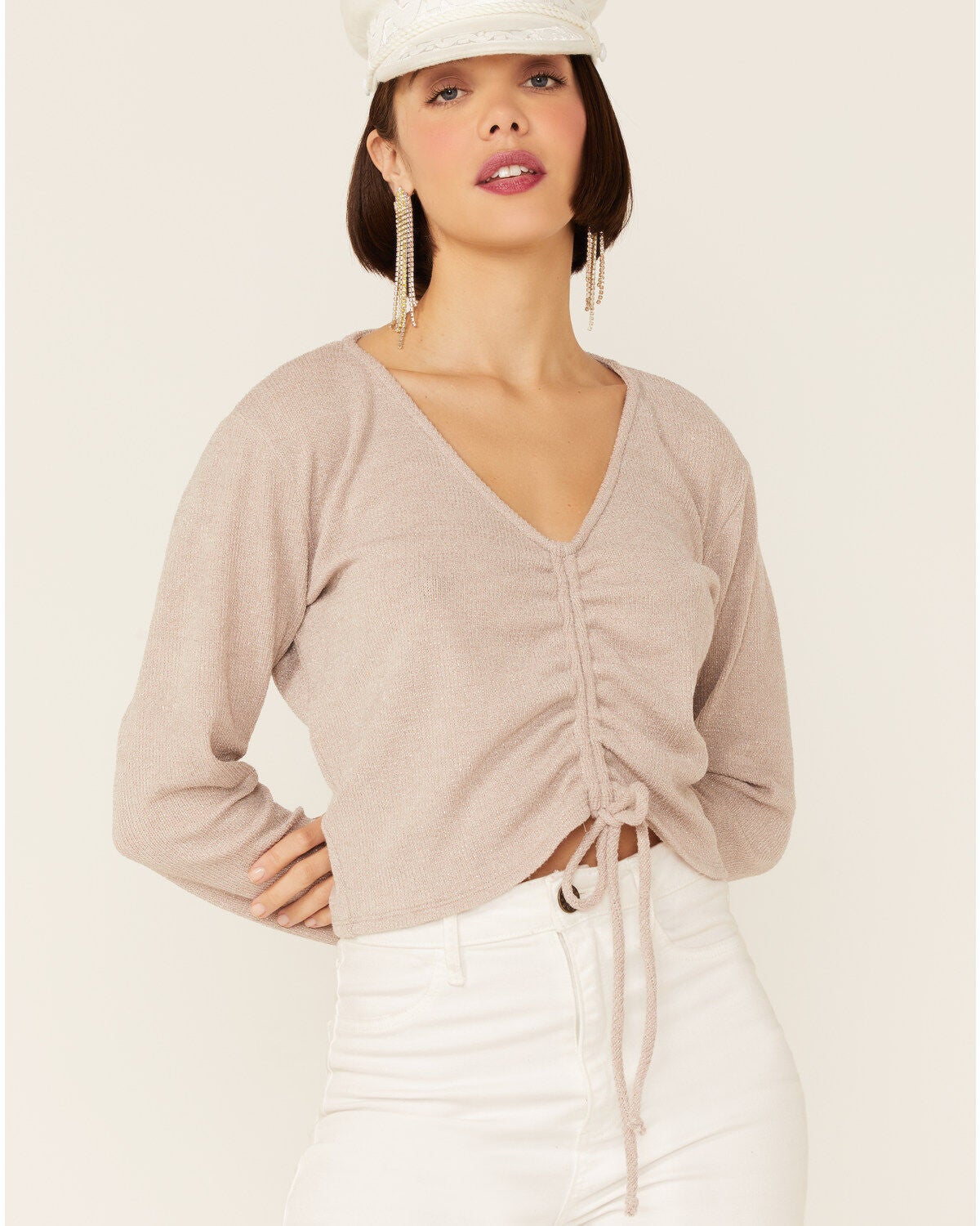 Wild Moss Women's Ribbed Lurex Cinch Front Knit Top, Ivory, hi-res