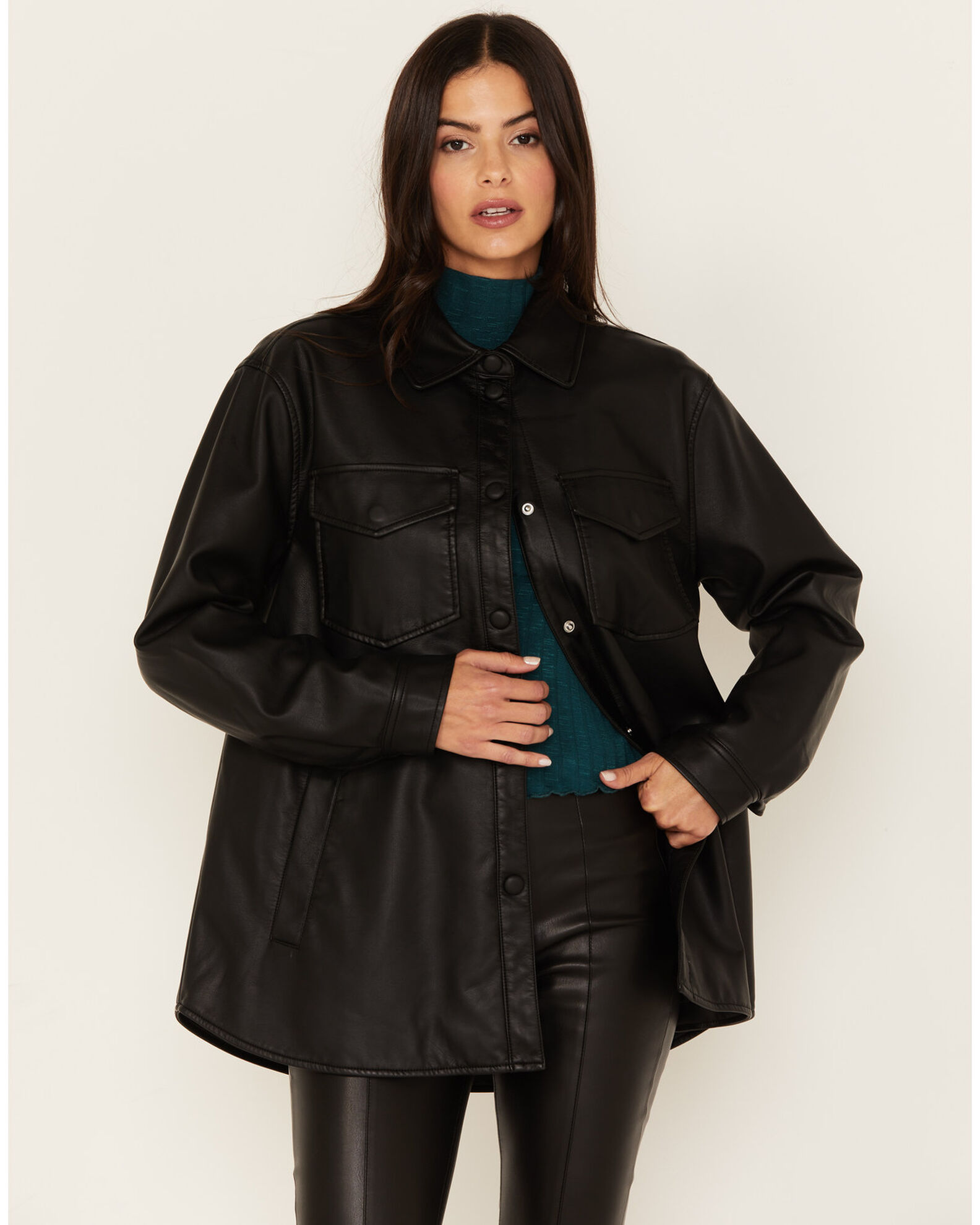 Black Faux Leather Shacket