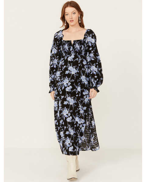 Free People Women's Jaymes Floral Print Midi Long Sleeve Dress, Black, hi-res
