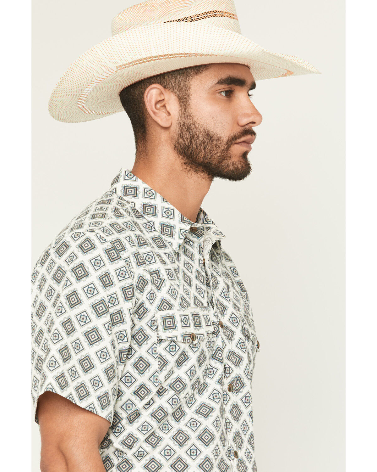 Image #2 - Gibson Trading Co Men's Time Warp Medallion Print Short Sleeve Snap Western Shirt - Tall, Ivory, hi-res