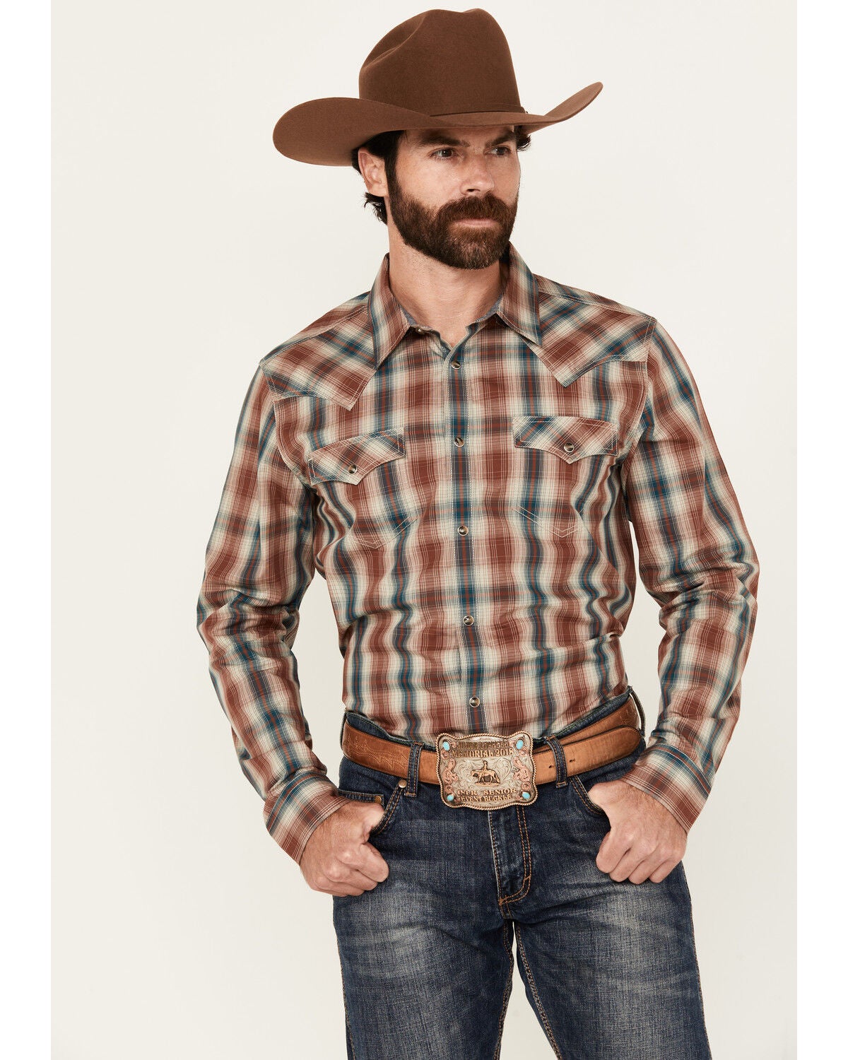 Cody James Men's Ricardo Plaid Print Long Sleeve Snap Western Shirt - Tall, Tan, hi-res