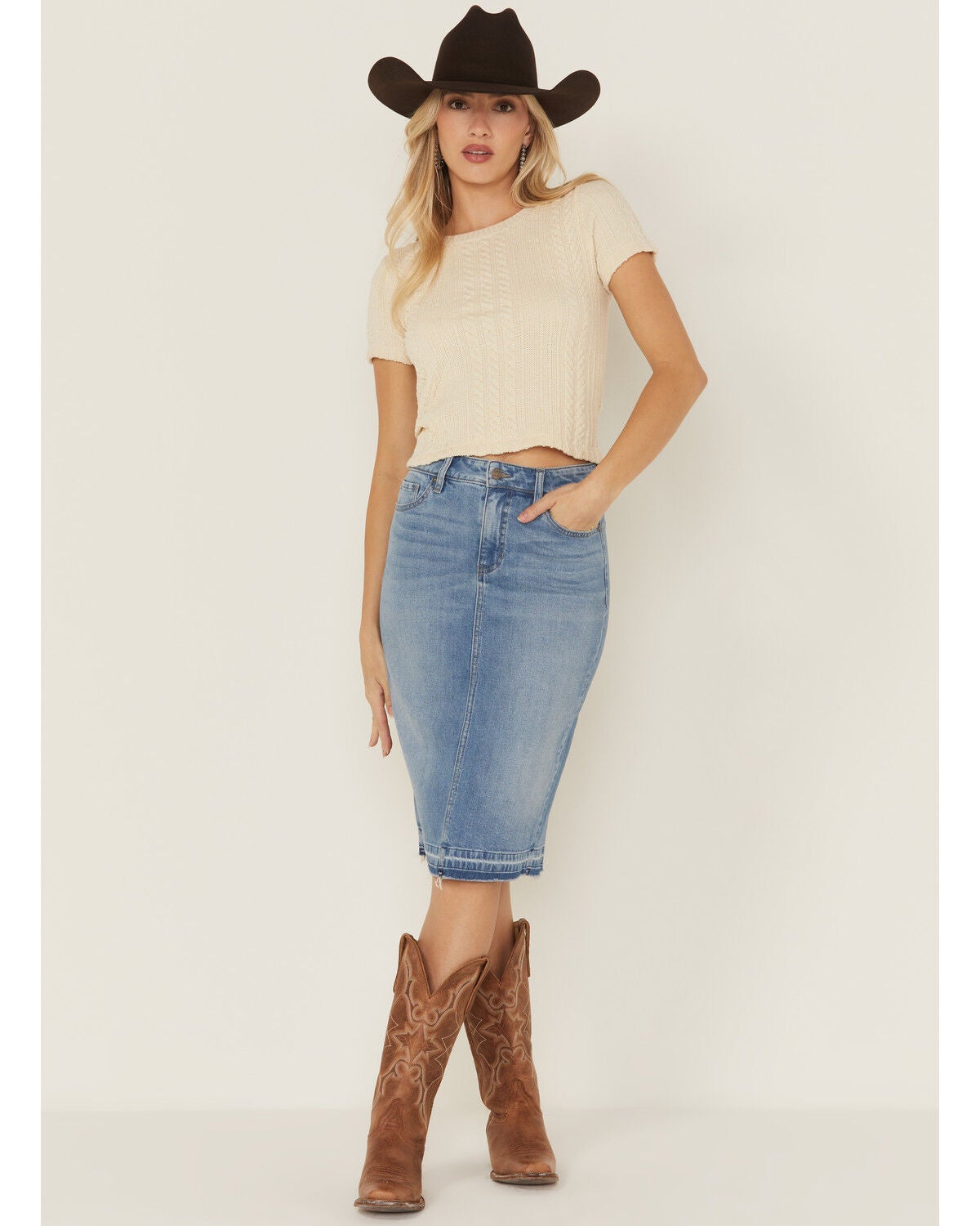 Shyanne Women's Ontario Light Wash Midi Stretch Denim Skirt, Light Wash, hi-res