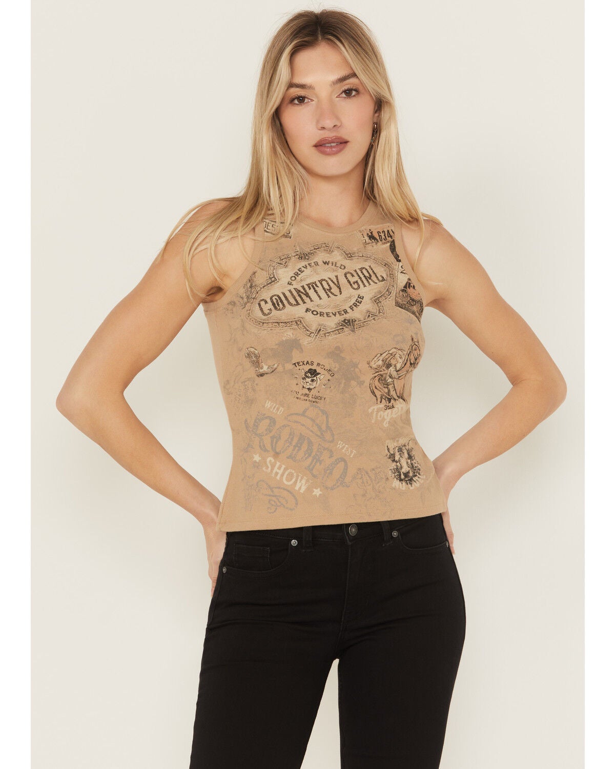 Shyanne Women's Rhinestone Icon Rib Knit Graphic Tank, Khaki, hi-res