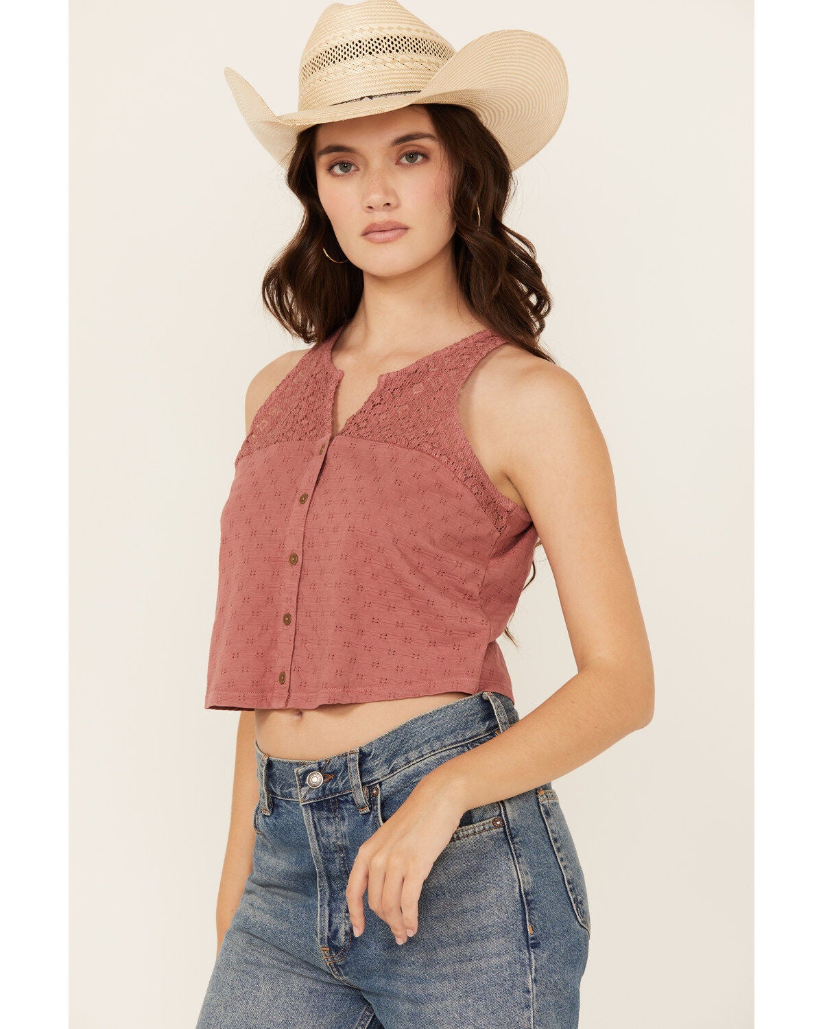 Cleo + Wolf Women's Blaire Cropped Jacquard and Lace Tank, Oatmeal, hi-res