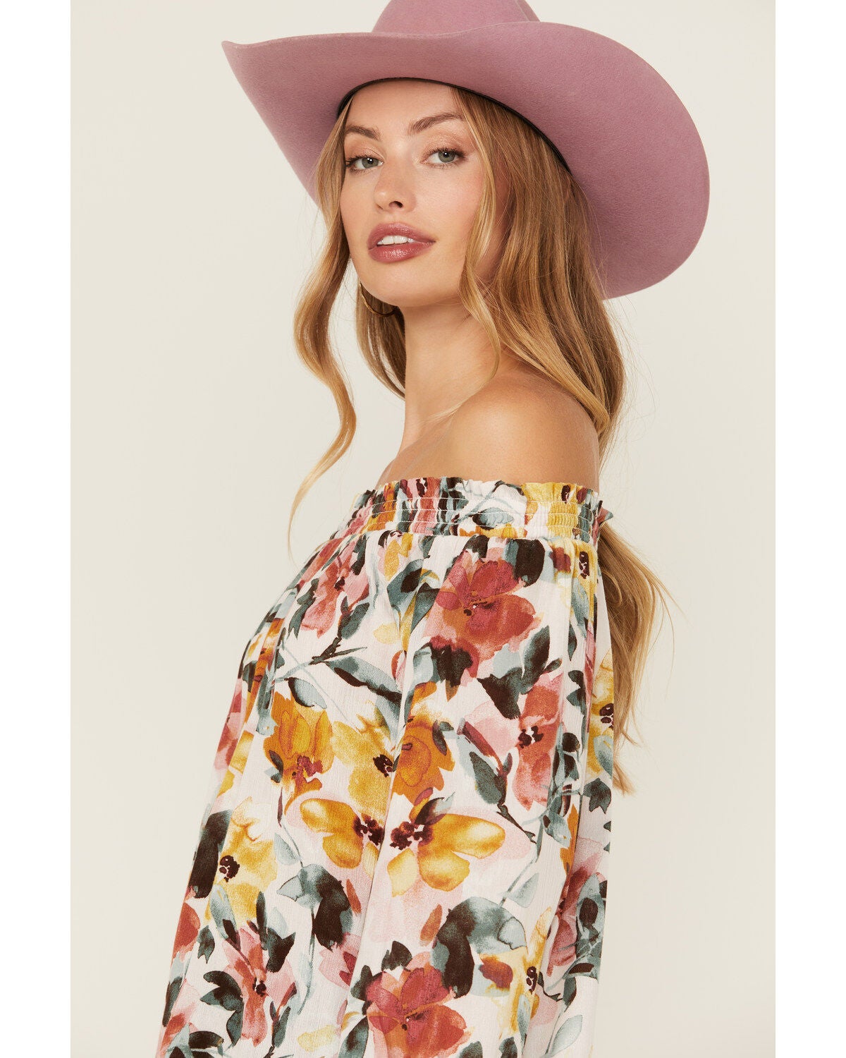 Wild Moss Women's Floral Print Long Sleeve Off The Shoulder Shirt, Multi, hi-res