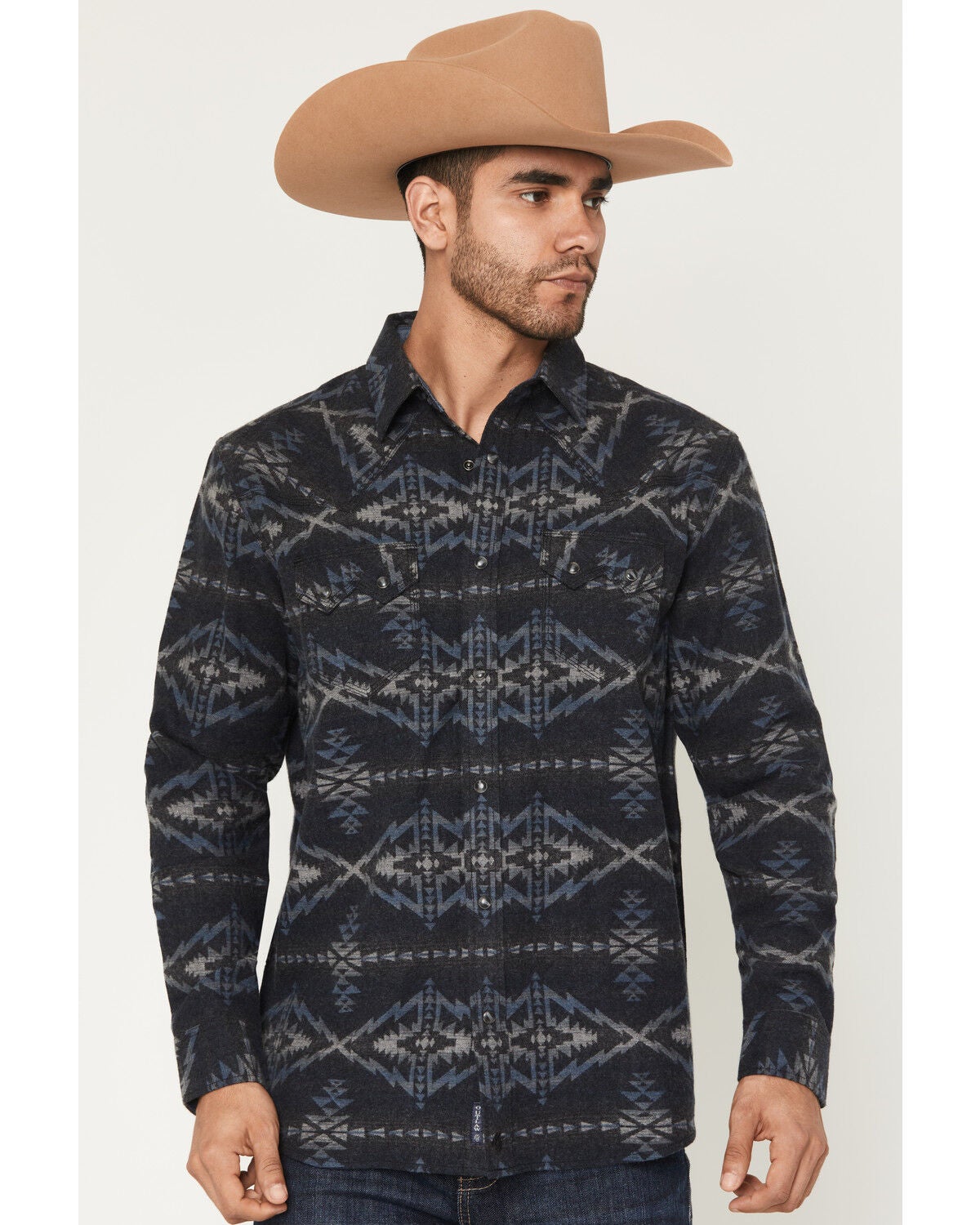 Moonshine Spirit&reg; Men's Tiki Time Southwestern Print Long Sleeve Snap Flannel Shirt, Black, hi-res