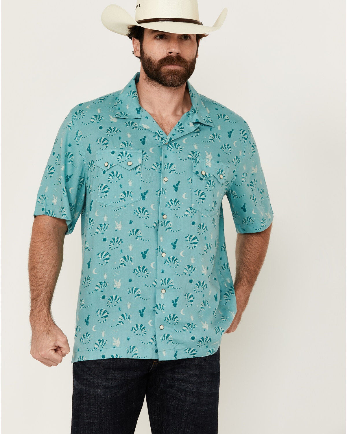 Wrangler Men's Conversation Print Short Sleeve Snap Western Shirt, Turquoise, hi-res