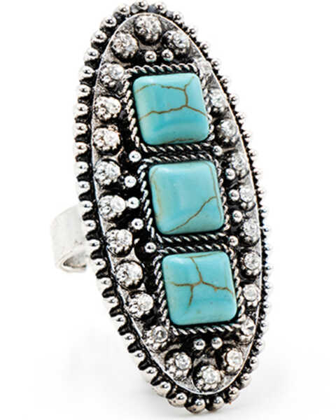 Cowgirl Confetti Women's Silver & Turquoise Rhinestone Oval-Shaped Statement Ring, Silver, hi-res