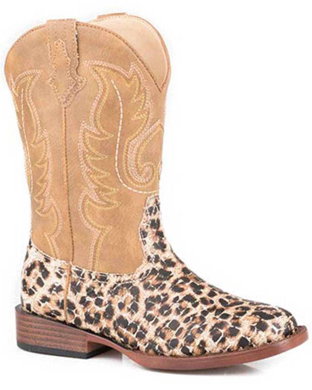 Roper Girls' Glitter Leopard Print Western Boots - Broad Square Toe, Tan, hi-res