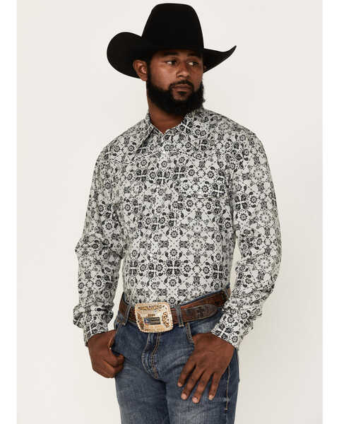 Cowboy Hardware Men's Bandana Print Long Sleeve Pearl Snap Shirt, Grey, hi-res