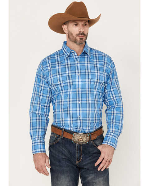 Wrangler Men's Plaid Print Long Sleeve Pearl Snap Western Shirt, Blue, hi-res