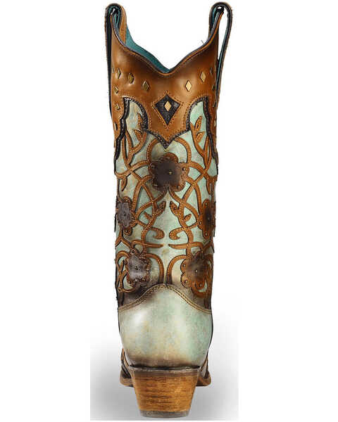 Image #7 - Corral Women's Floral Overlay and Studs Snip Toe Western Boots, Brown, hi-res