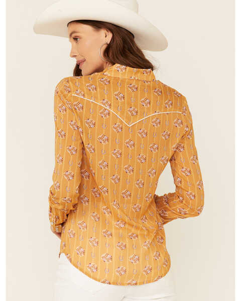 Stetson Women's Mustard Horseshoe Wallpaper Print Long Sleeve Snap Western Shirt , Mustard, hi-res