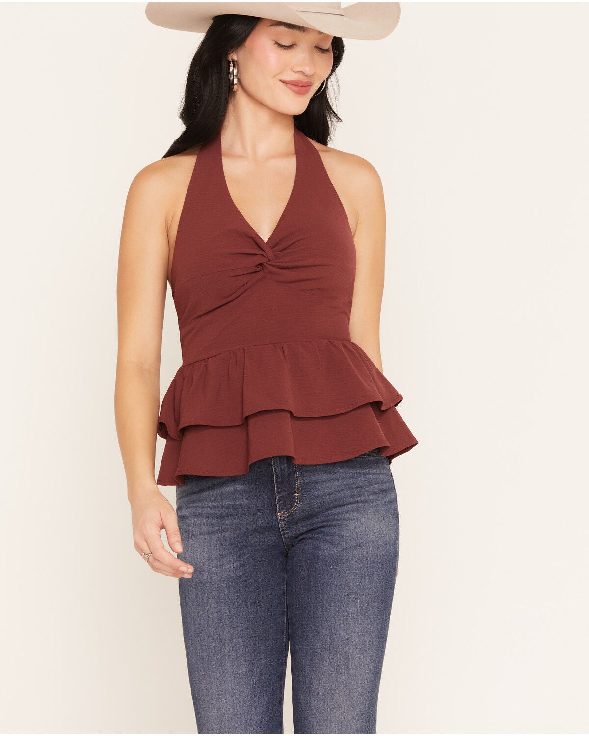 Image #1 - Originality Women's Sleeveless Front Twist Halter Top, Wine, hi-res