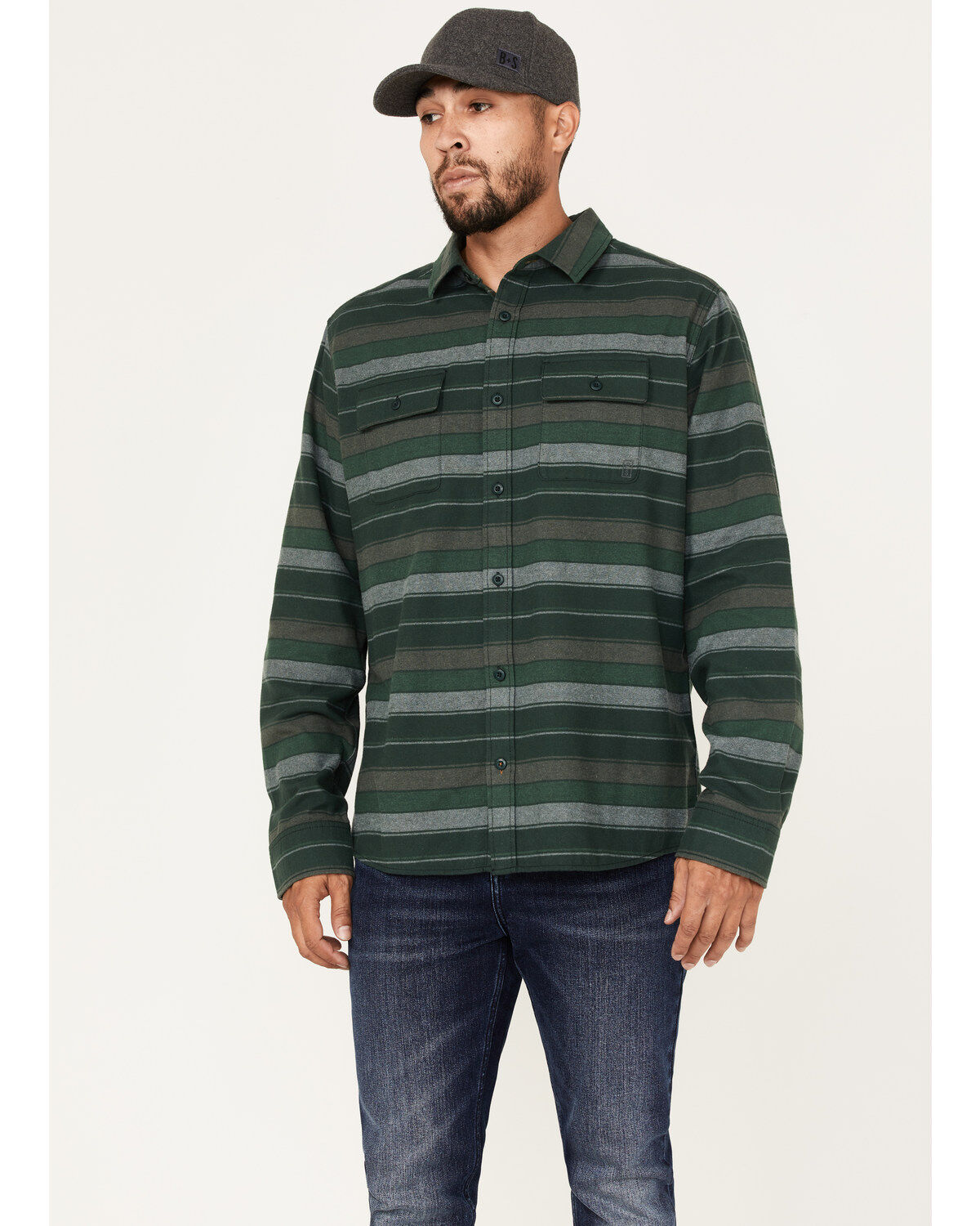 Image #1 - Brothers and Sons Men's Novelty Striped Long Sleeve Button Down Western Flannel Shirt, Forest Green, hi-res