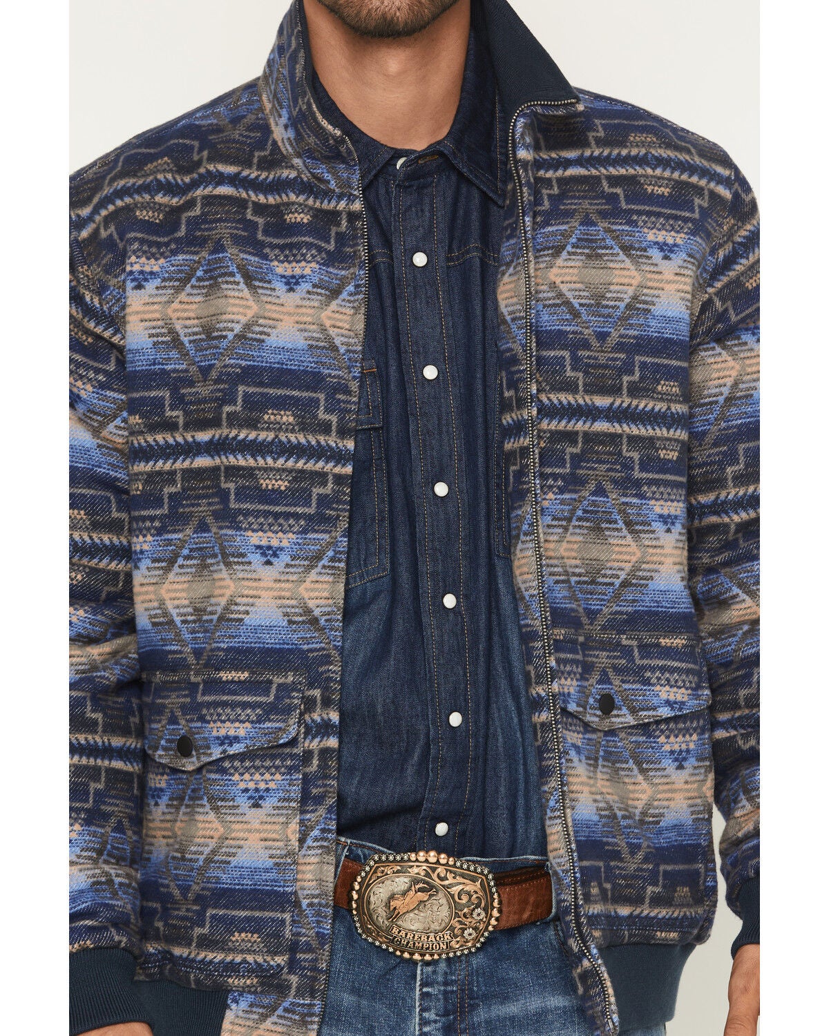 Image #3 - Rock & Roll Men's Southwestern Print Jacquard Bomber Jacket, Blue, hi-res