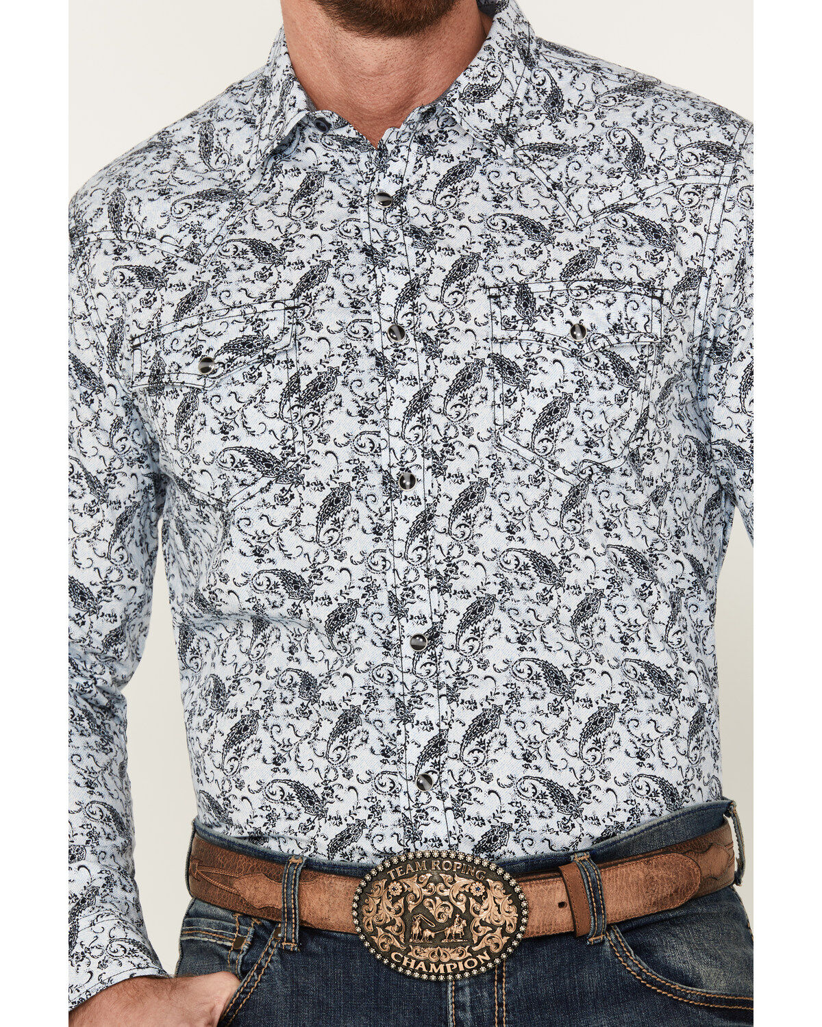 Image #3 - Cody James Men's Casa Blanca Paisley Print Long Sleeve Snap Western Shirt, Light Blue, hi-res