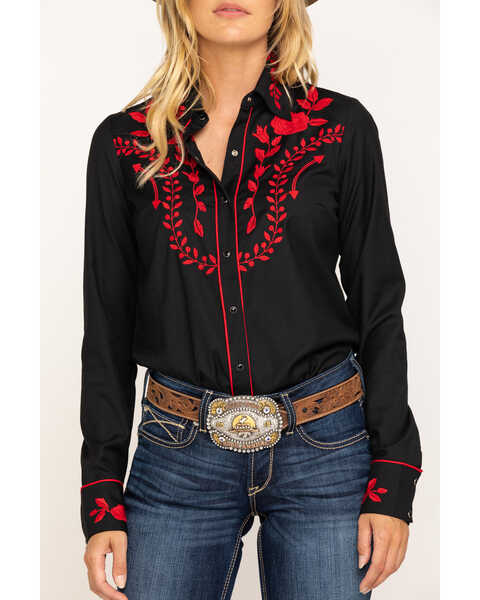 Image #4 - Roper Women's Black Red Rose Embroidered Rodeo Shirt , , hi-res