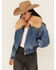 Image #1 - BLANKNYC Women's Fur Collar Denim Bomber Jacket, Medium Wash, hi-res