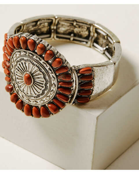 Shyanne Women's Canyon Sunset Red Concho Stretch Bracelet, Silver, hi-res