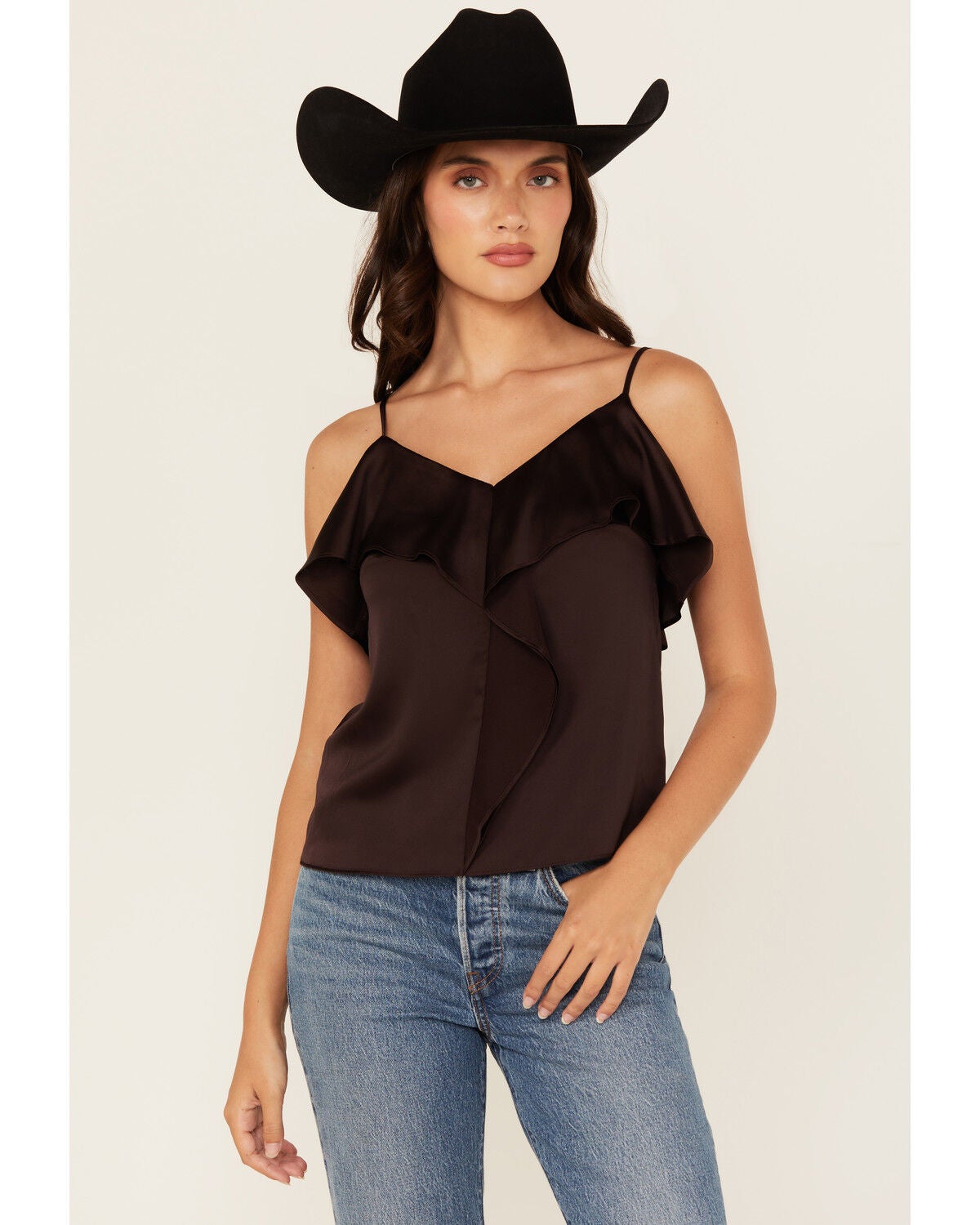 Shyanne Women's Solid Satin Ruffle Front Tank Top, Chocolate, hi-res