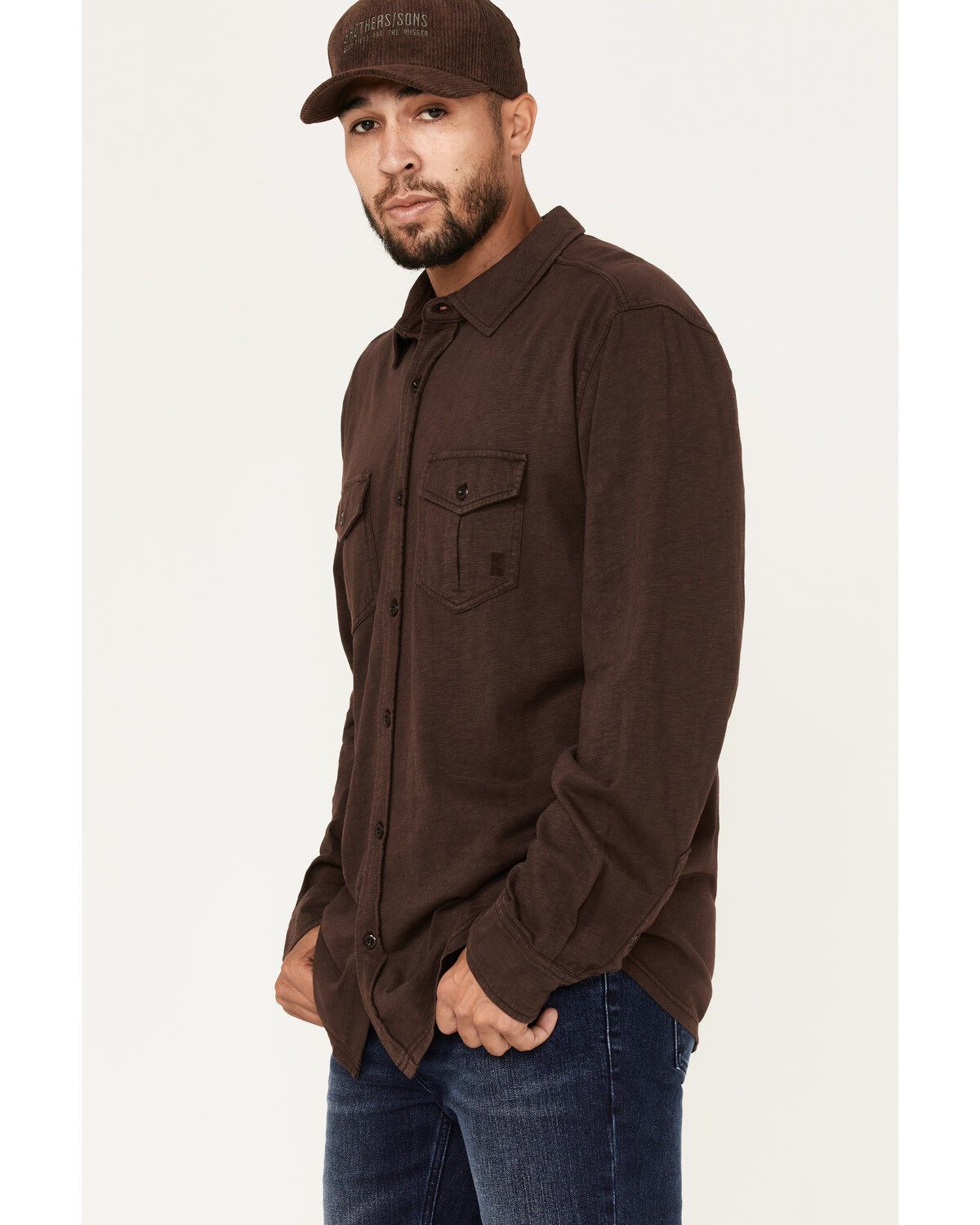 Image #2 - Brothers and Sons Men's Solid Pigment Slub Button Down Western Shirt, Dark Brown, hi-res
