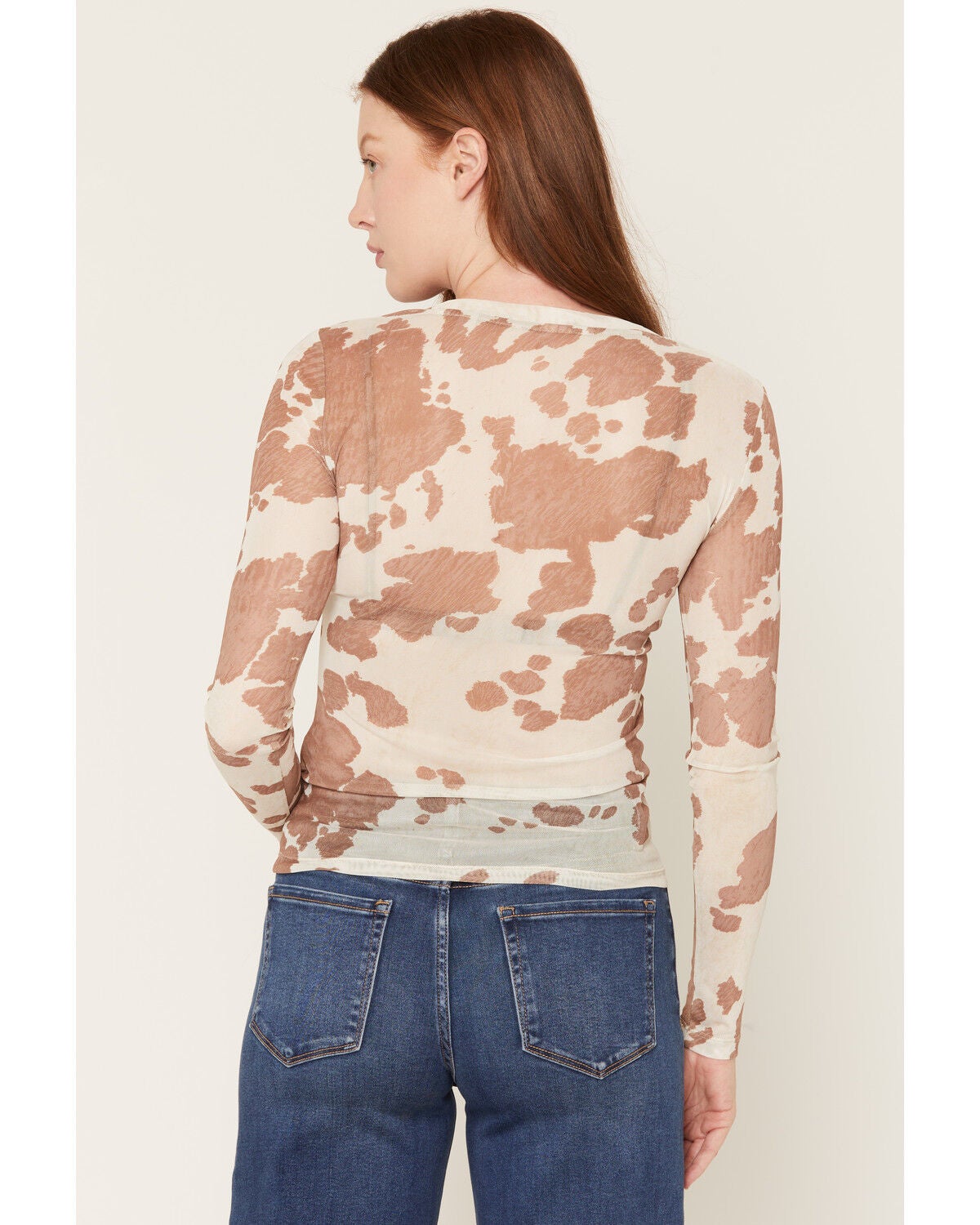 Image #4 - Shyanne Women's Farris Cow Print Long Sleeve Mesh Top, Natural, hi-res