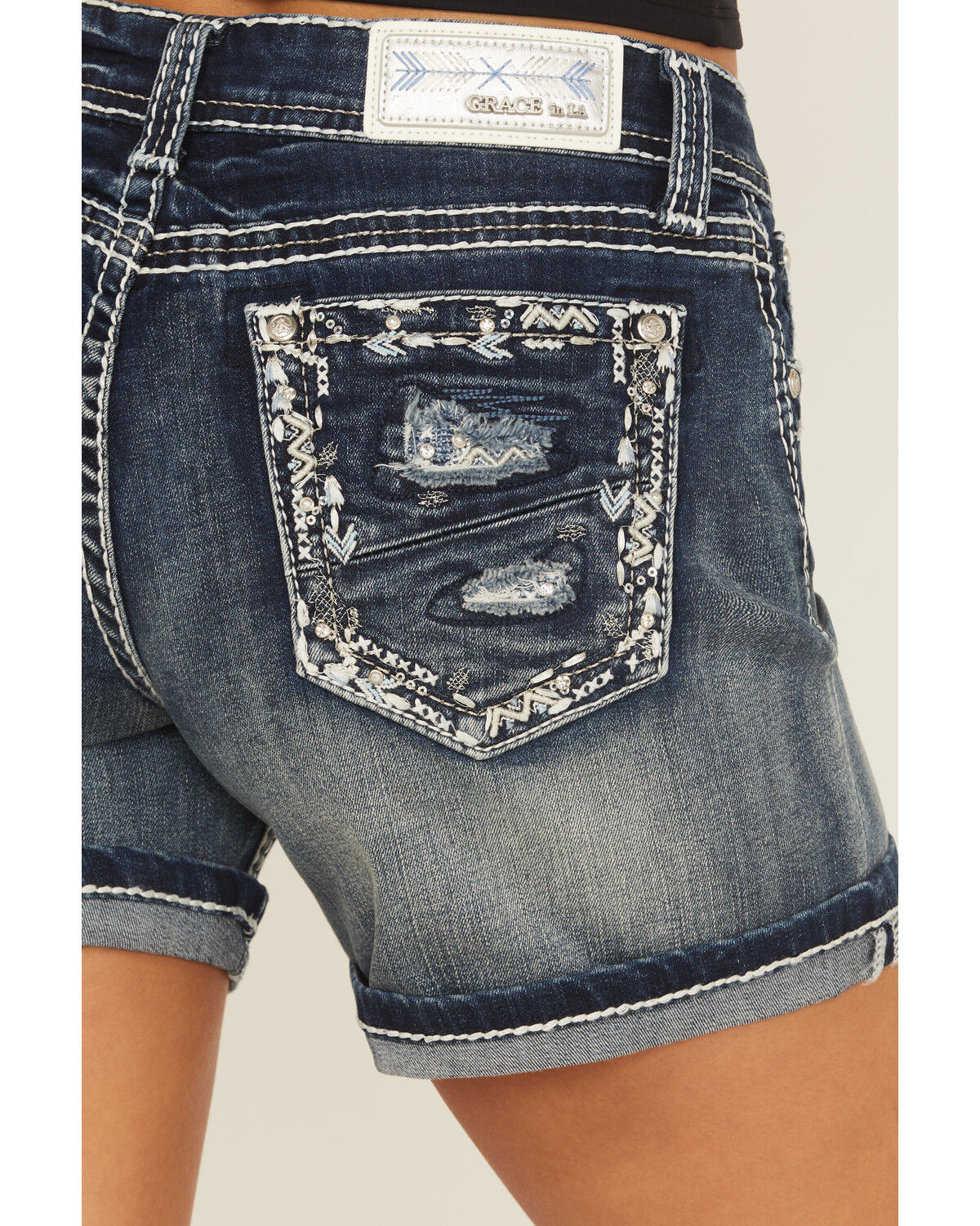 Product Name:  Grace In LA Women's Medium Wash Mid Rise Embroidered Stretch Denim Shorts