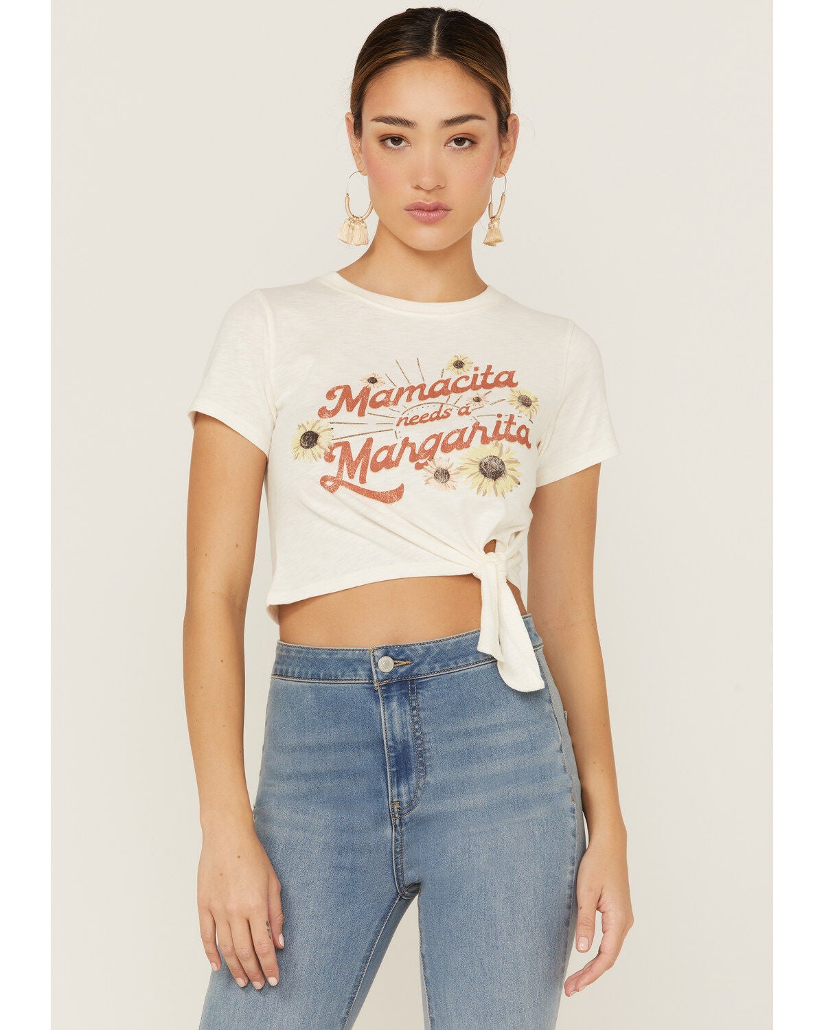 Shyanne Women's Mamacita Needs A Margarita Graphic Tie-Front Short Sleeve Tee, Ivory, hi-res