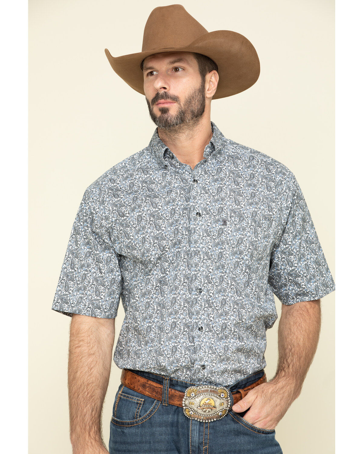 Image #1 - Tuf Cooper Men's Competition White Stretch Paisley Print Short Sleeve Western Shirt, , hi-res