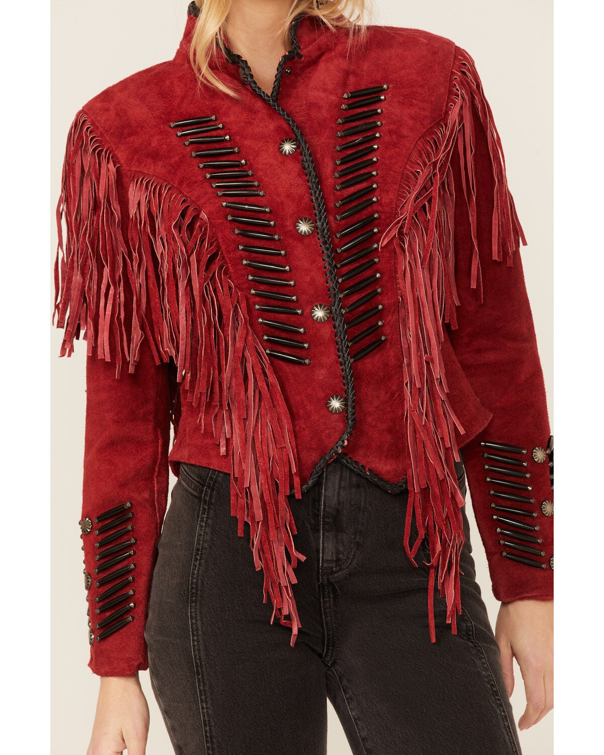 Image #2 - Cripple Creek Women's Beaded Suede Fringe Black Bones Military Jacket , , hi-res