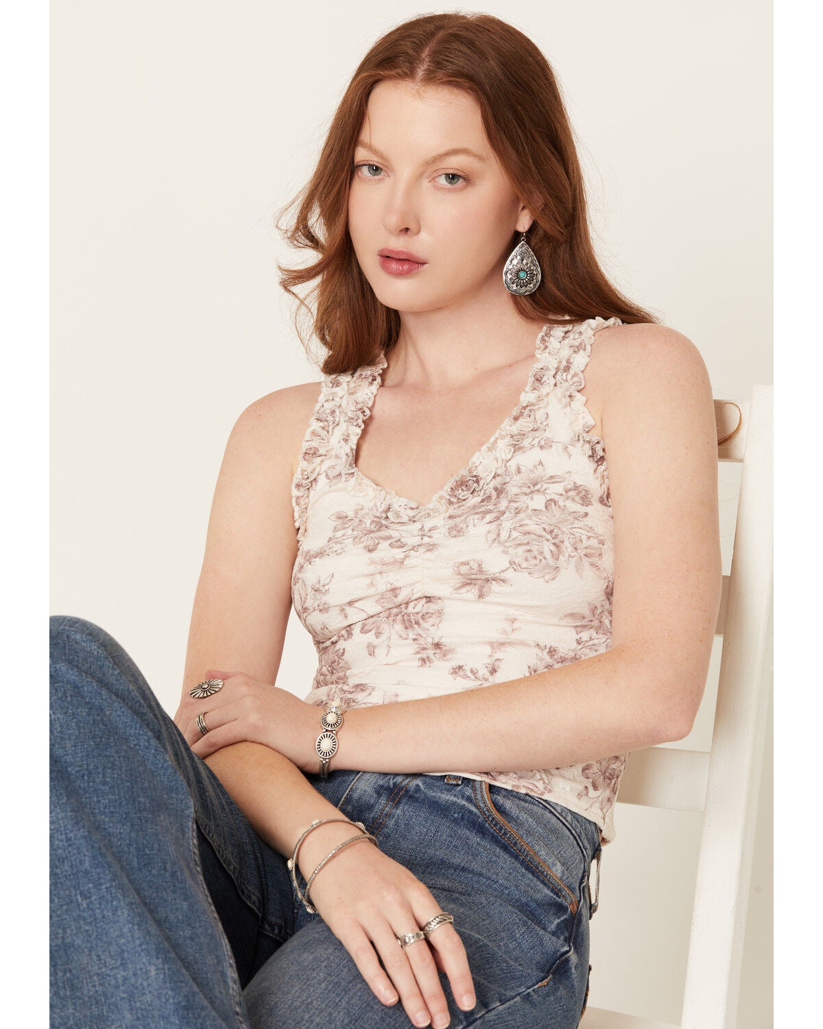 Image #1 - Originality Women's Floral Print Lace Tank Top, Ivory, hi-res