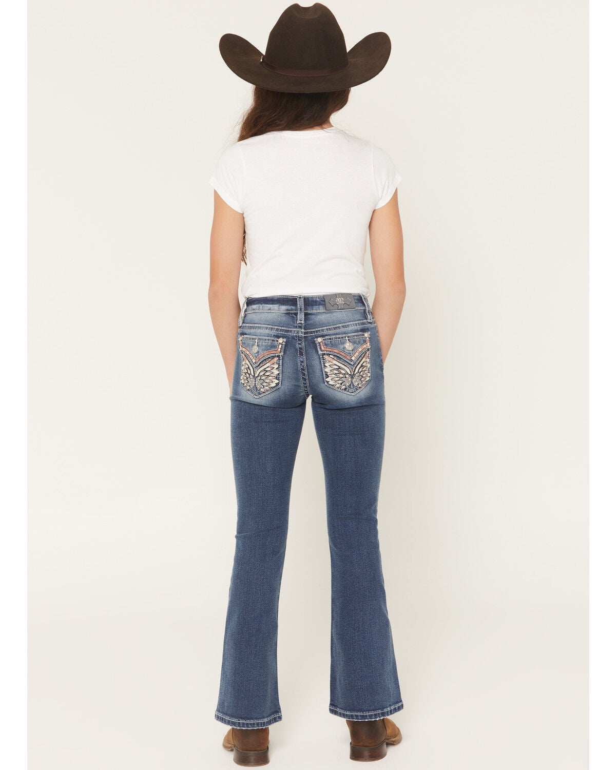 Miss Me Girls' Medium Wash Mid Rise Wing Pocket Bootcut Stretch Denim Jeans, Medium Wash, hi-res