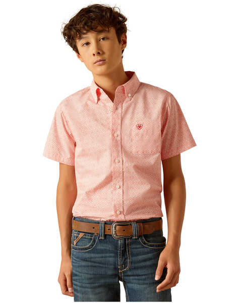 Ariat Boys' Kamden Southwestern Print Short Sleeve Button-Down Western Shirt , Coral, hi-res