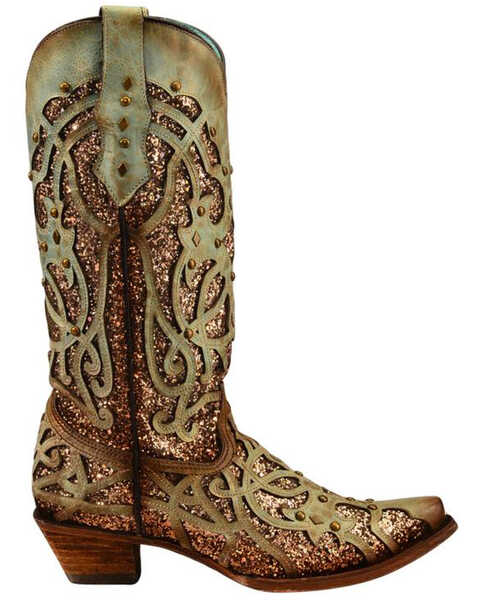 Image #2 - Corral Women's Mint Glitter Inlay Western Boots - Snip Toe , Green, hi-res