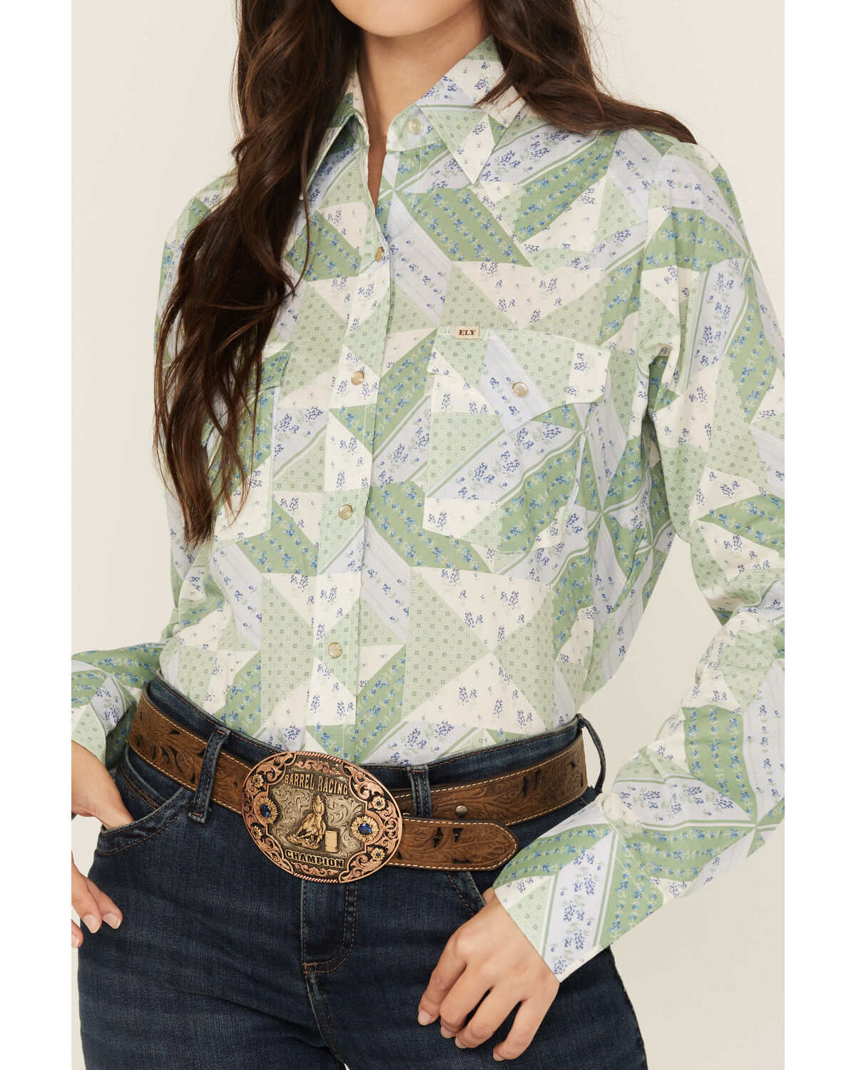 Image #4 - Cowboygirl by Jenna Paulette Women's Patchwork Print Long Sleeve Pearl Snap Western Shirt, Green, hi-res