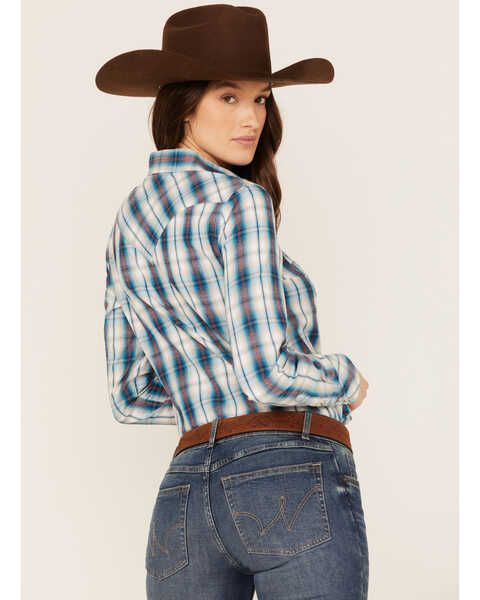 Image #4 - Roper Women's Plaid Print Long Sleeve Snap Western Shirt, Blue, hi-res