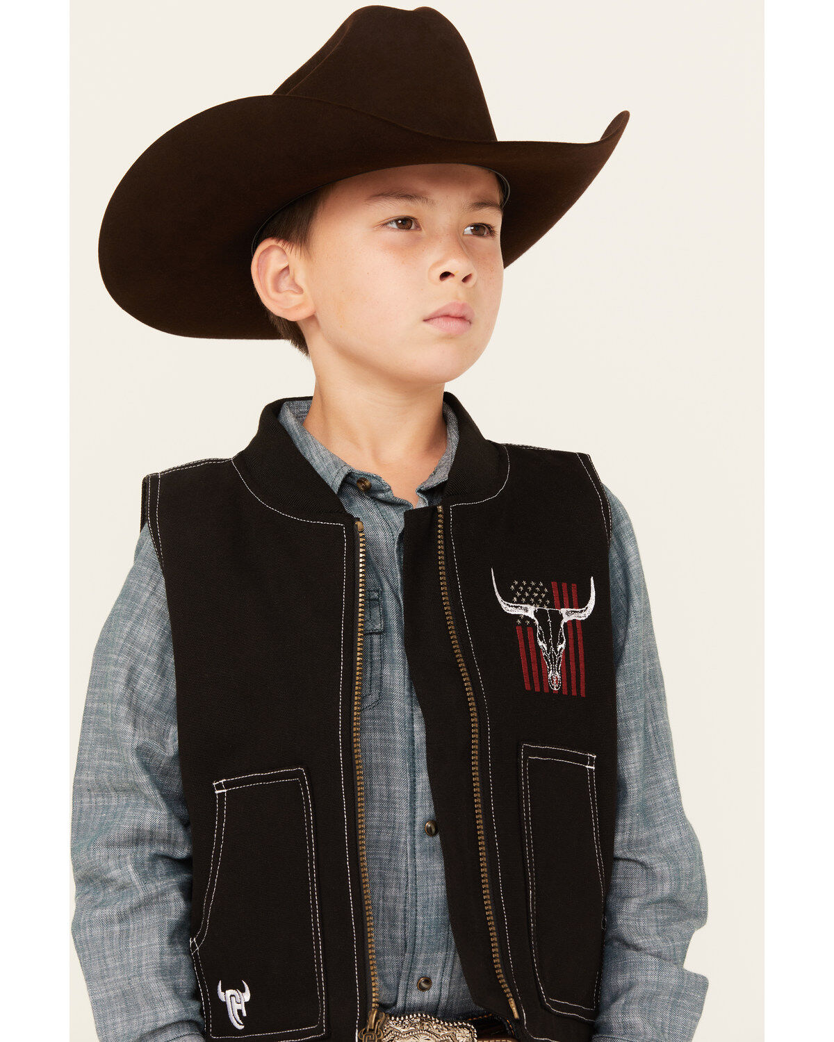 Image #2 - Cowboy Hardware Boys' Flag Skull Canvas Vest, Black, hi-res