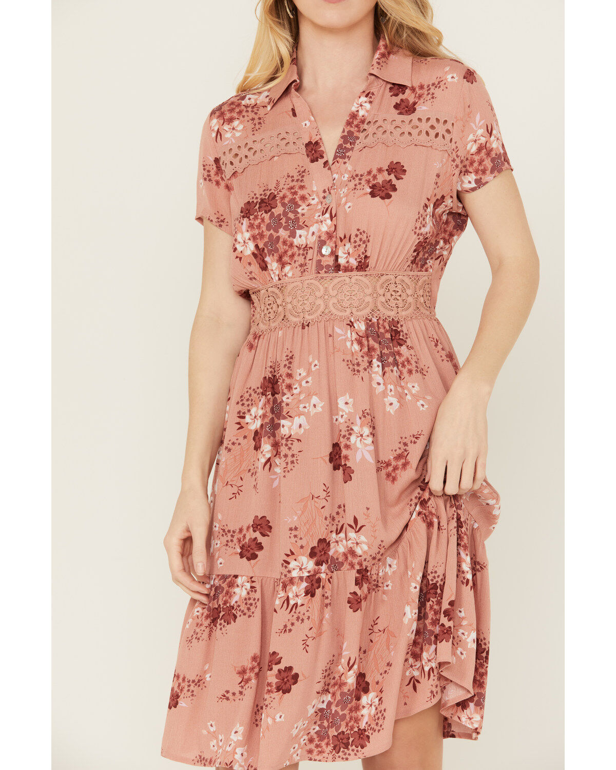 Image #3 - Wild Moss Women's Lace Trim Midi Dress, Pink, hi-res