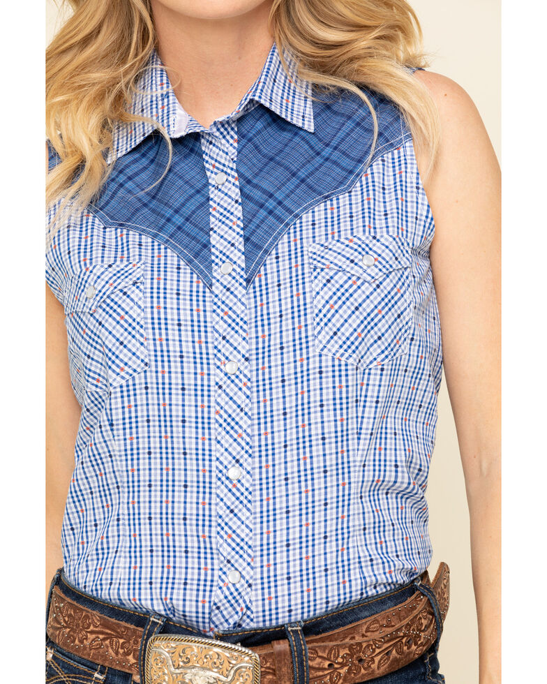 Rough Stock by Panhandle Women's Blue Check Sleeveless Western Shirt, Blue, hi-res