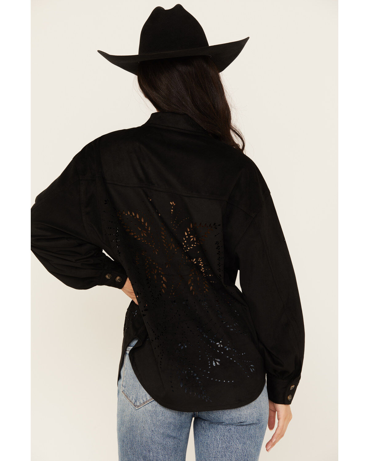 Image #4 - Shyanne Women's Faux Suede Laser Cutout Shacket, Black, hi-res