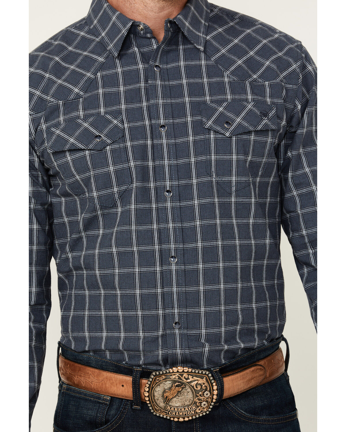 Blue Ranchwear Men's Elk Plaid Print Long Sleeve Snap Western Shirt