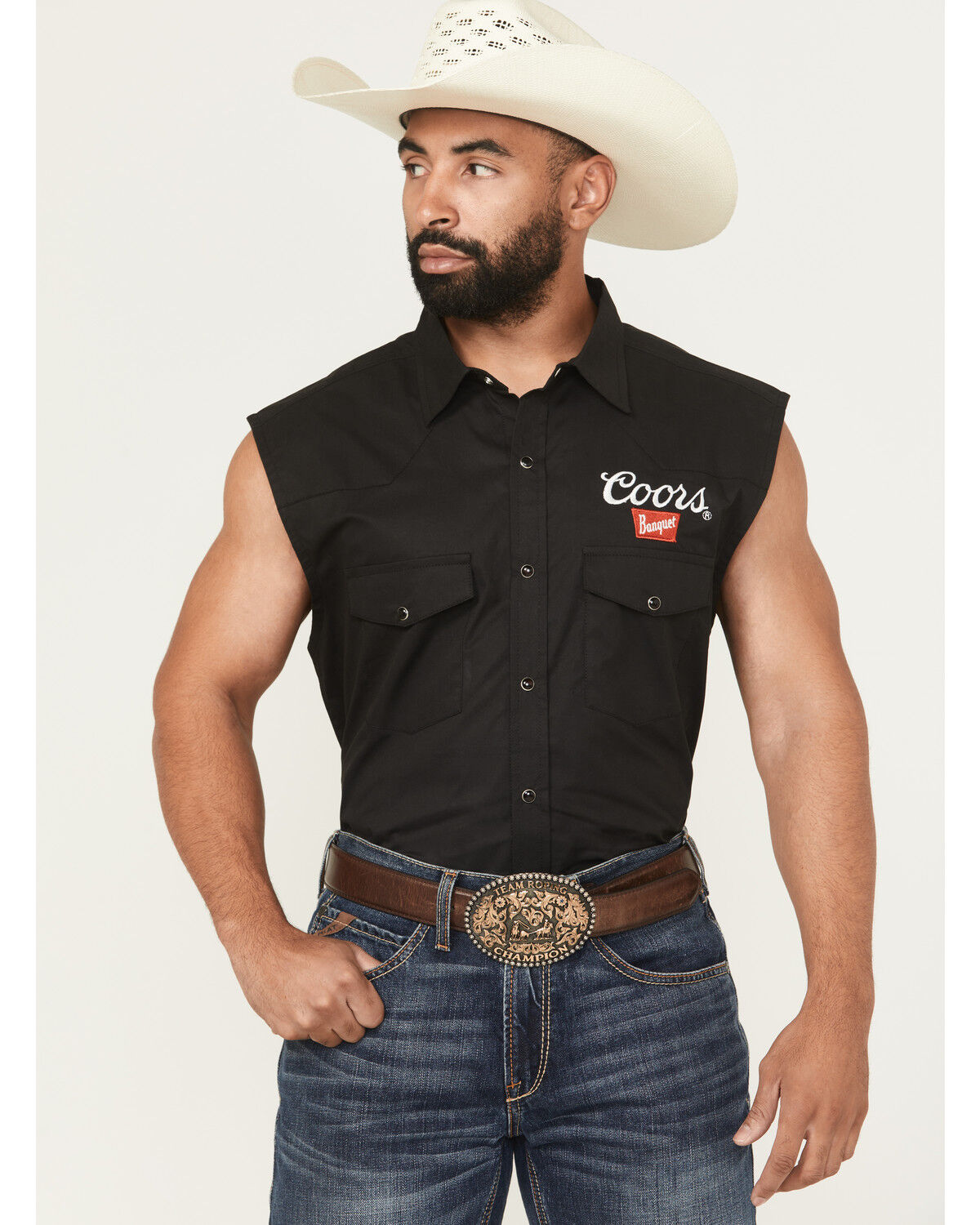 Image #1 - Coors Men's Boot Barn Exclusive Banquet Rodeo Logo Sleeveless Snap Bubba, Black, hi-res