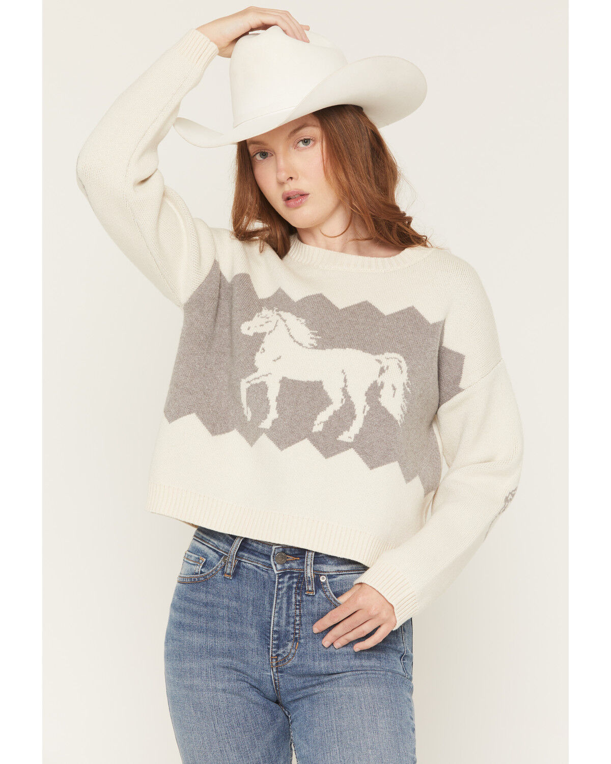 Image #1 - Originality Women's Horse Pullover Sweater, White, hi-res