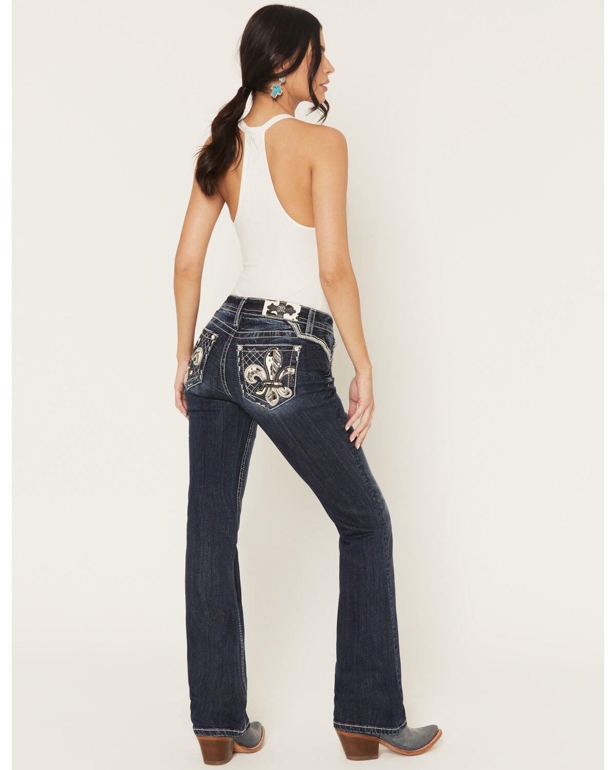Miss Me Women's Medium Wash Mid Rise 32" Bootcut Fleur de Lis Pocket Stretch Denim Jeans, Dark Wash, hi-res
