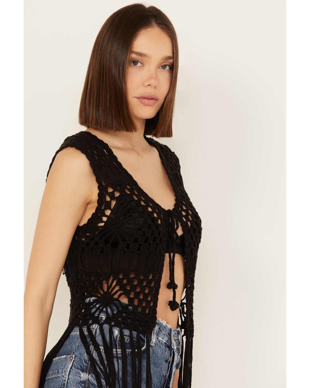 Image #2 - Rock & Roll Denim Women's Crochet Fringe Sleeveless Vest, , hi-res