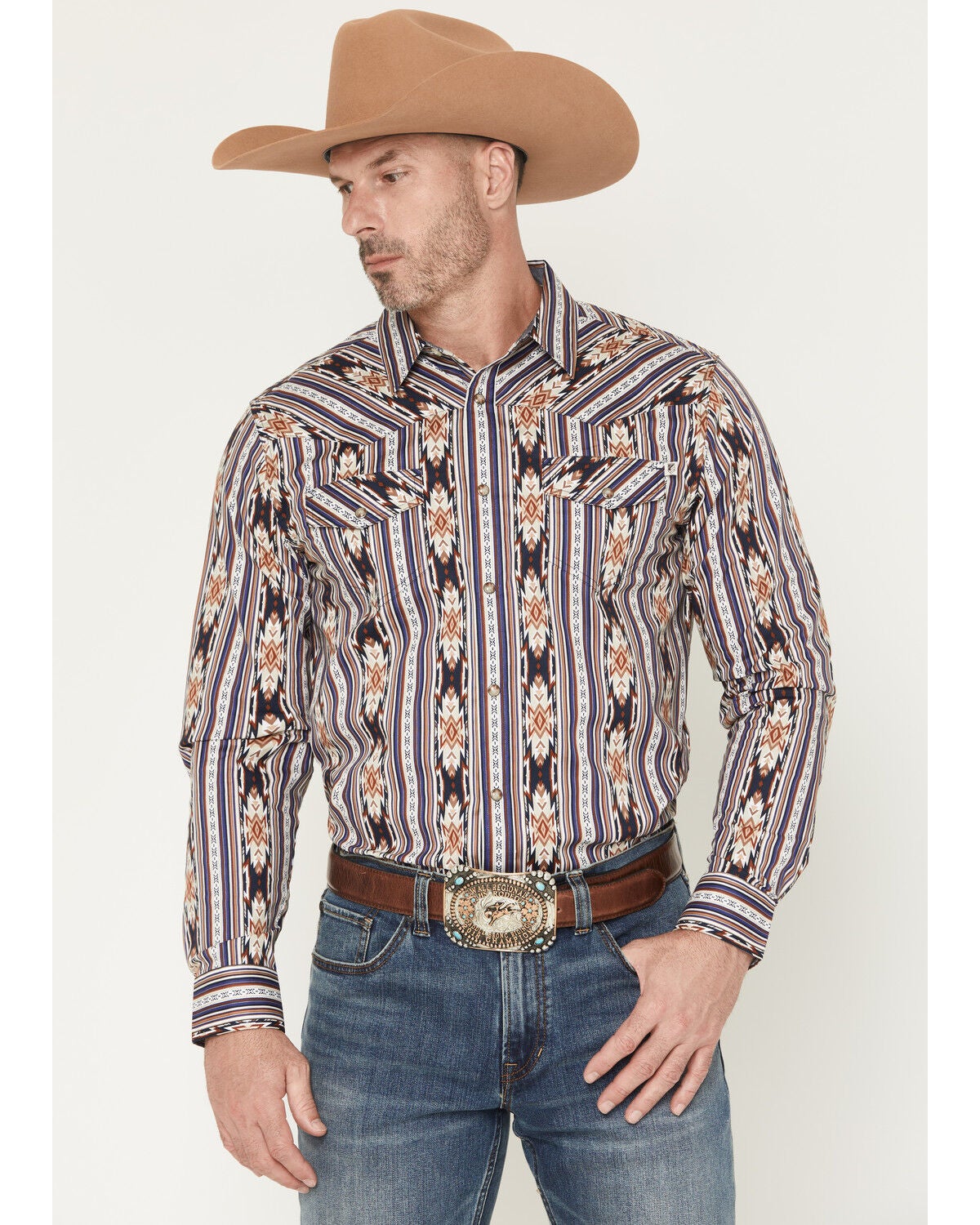 RANK 45&reg; Men's White Mountain Southwestern Striped Print Long Sleeve Snap Stretch Western Shirt, Multi, hi-res