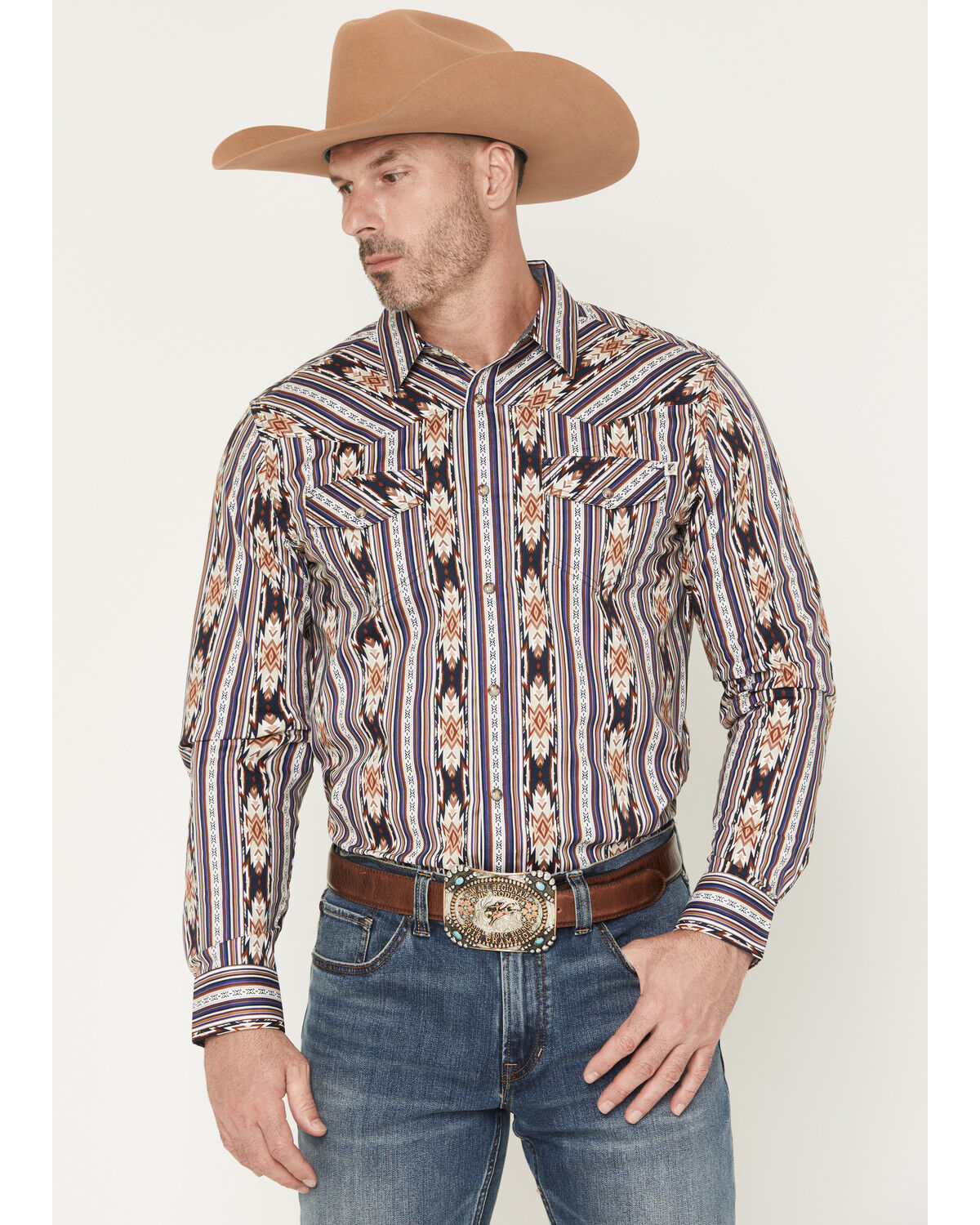 Image #1 - RANK 45® Men's White Mountain Southwestern Striped Print Long Sleeve Snap Stretch Western Shirt, Multi, hi-res