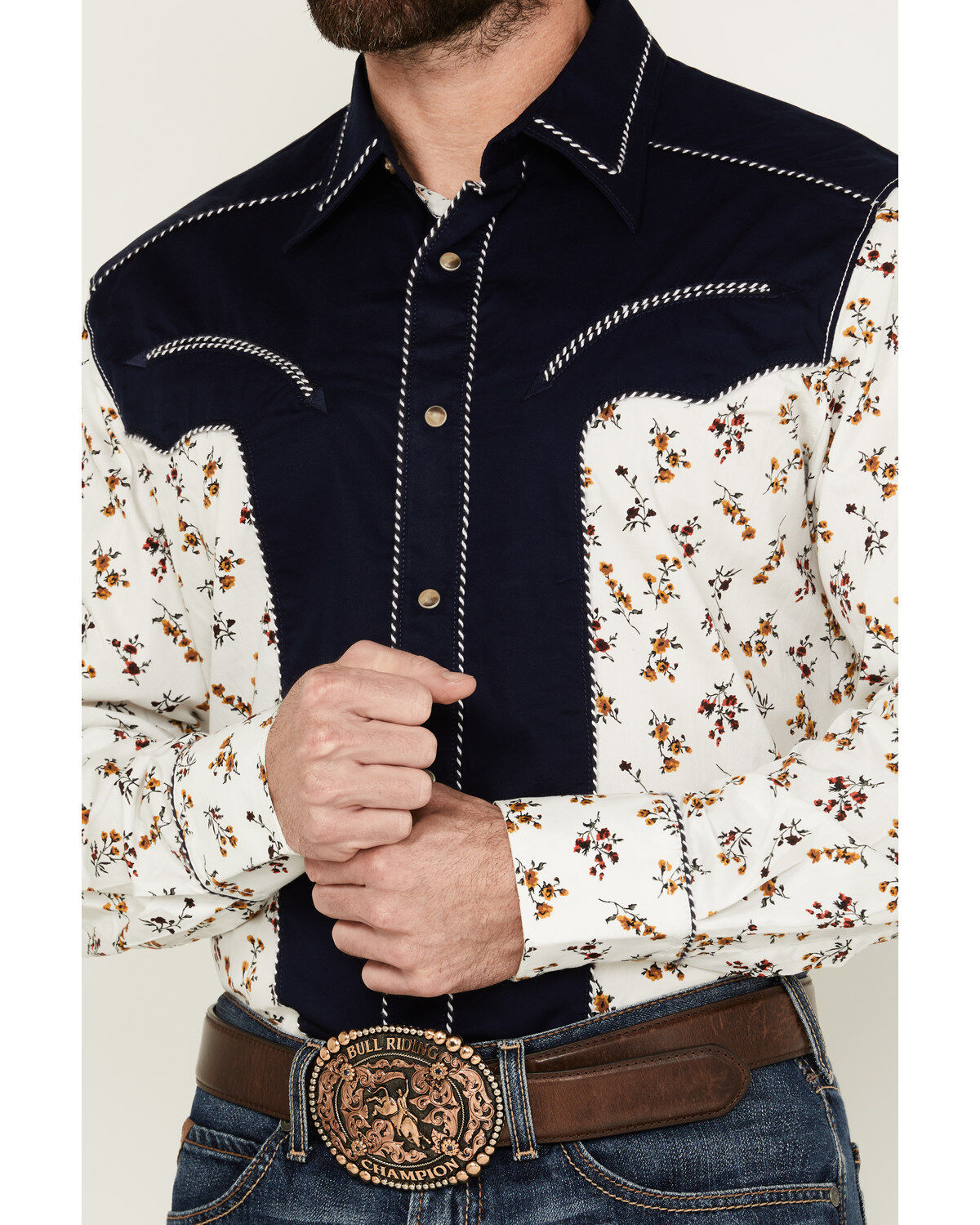 Image #3 - Wrangler Men's Rodeo Ben Color Block Floral Print Long Sleeve Pearl Snap Western Shirt, Multi, hi-res