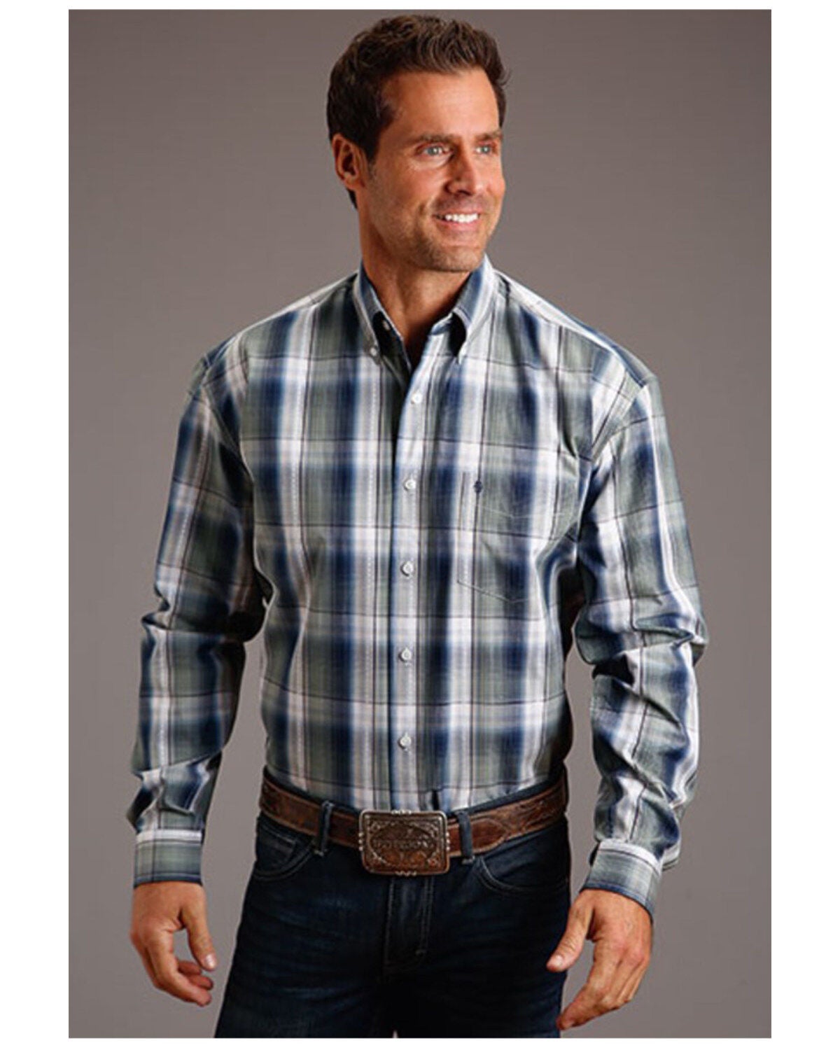 Stetson Men's Dobby Plaid Print Long Sleeve Button-Down Western Shirt, Sage, hi-res